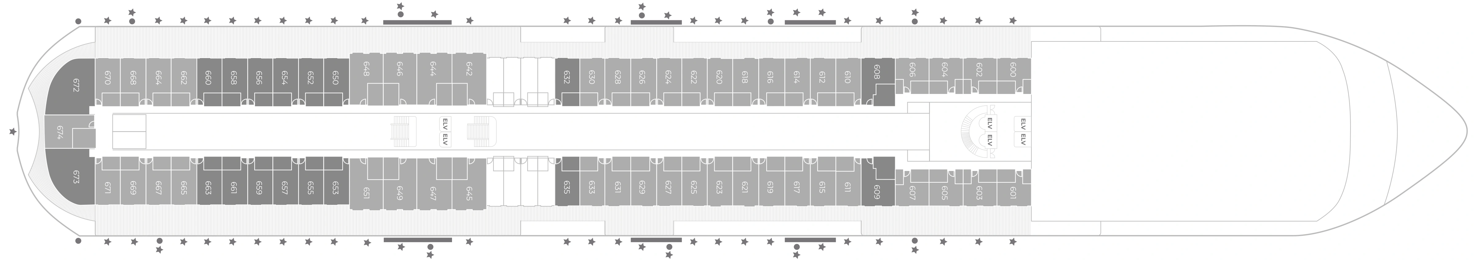 Seven Seas Prestige, Deck 6: official cabin and venue layout