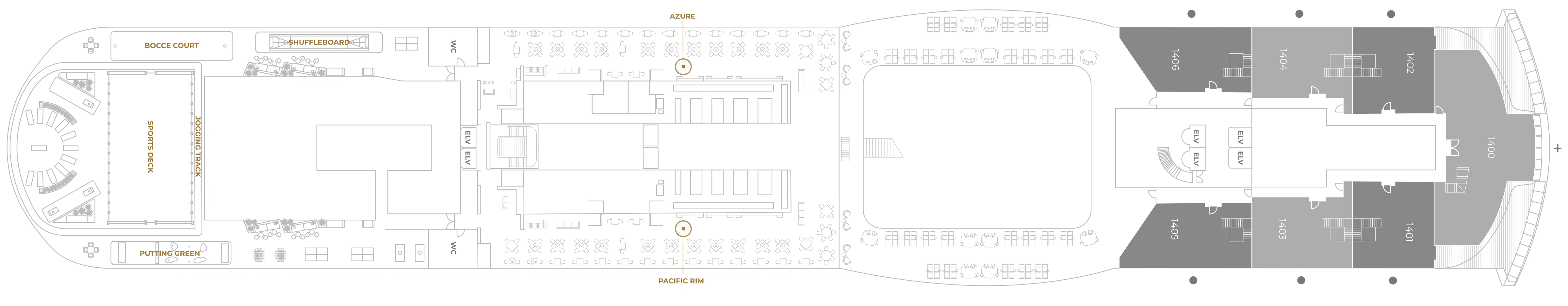 Seven Seas Prestige, Deck 14: official cabin and venue layout