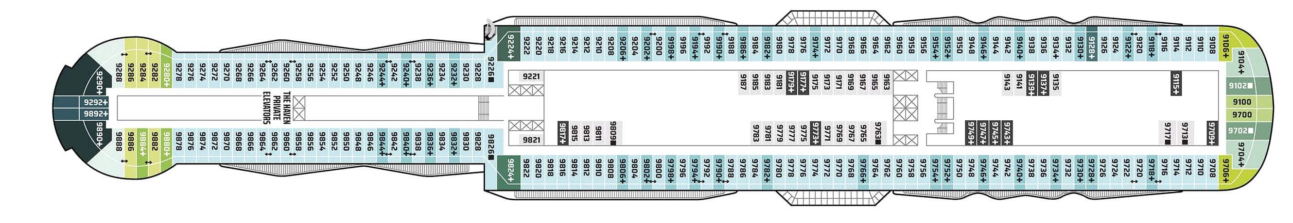 Norwegian Aqua, Deck 9: official cabin and venue layout