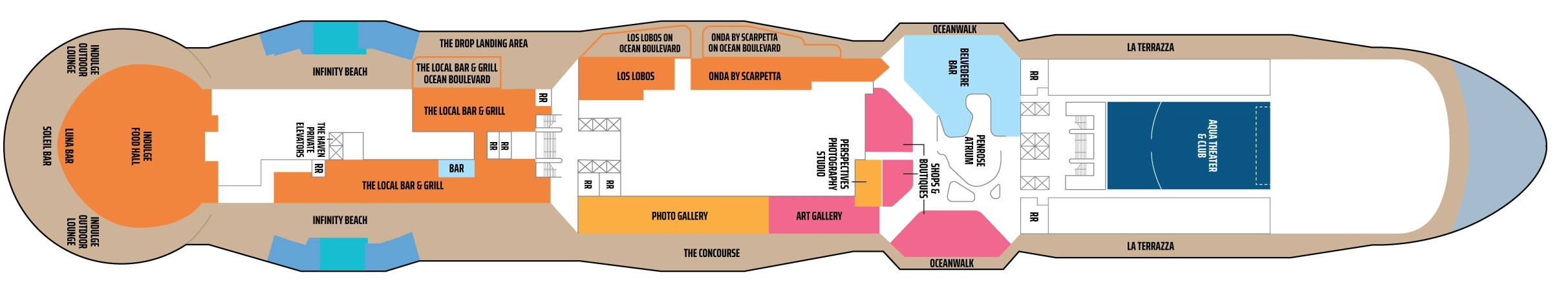 Norwegian Aqua, Deck 8: official cabin and venue layout