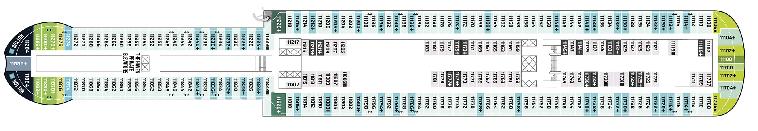 Norwegian Aqua, Deck 11: official cabin and venue layout