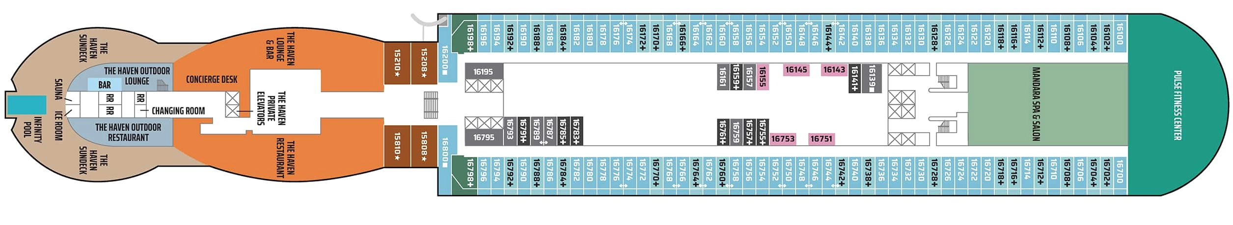 Norwegian Aqua, Deck 16: official cabin and venue layout