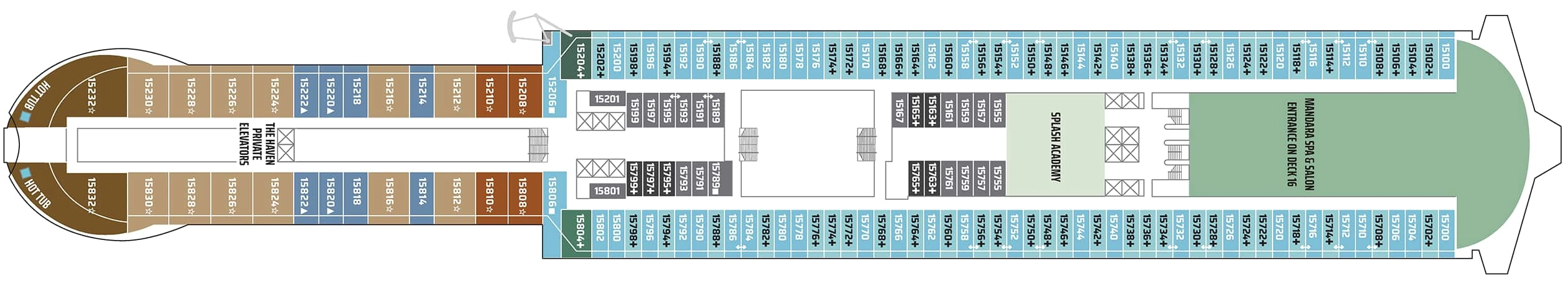 Norwegian Aqua, Deck 15: official cabin and venue layout