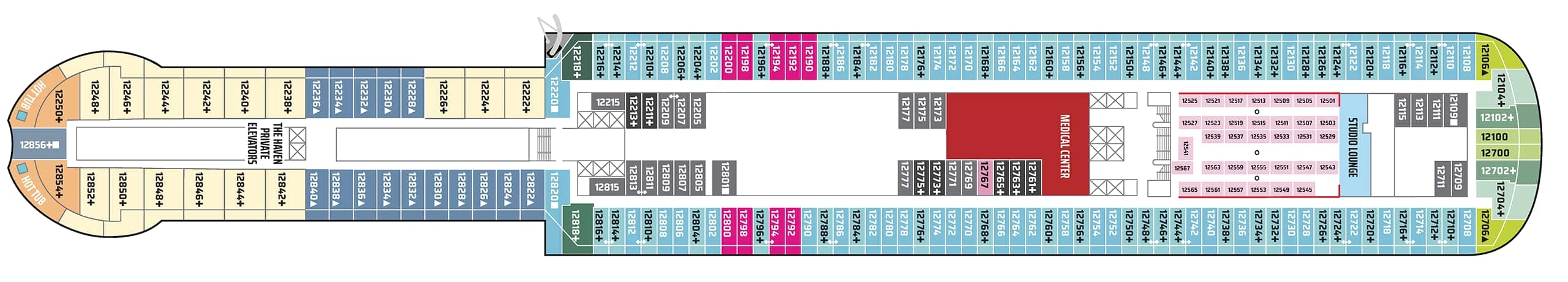 Norwegian Aqua, Deck 12: official cabin and venue layout