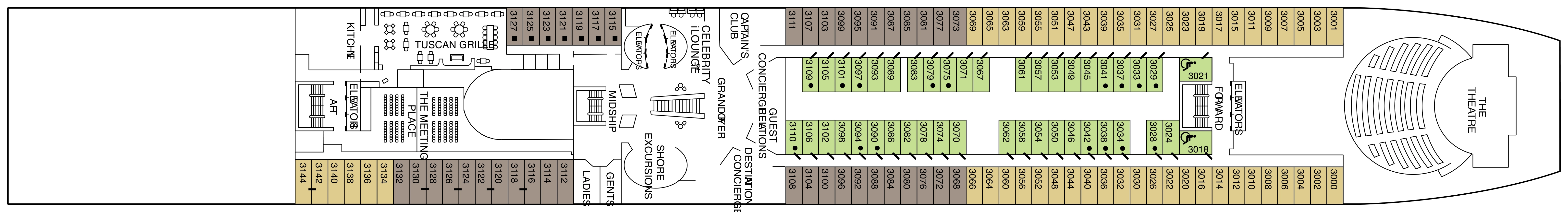 Celebrity Millennium, Deck 3: official cabin and venue layout