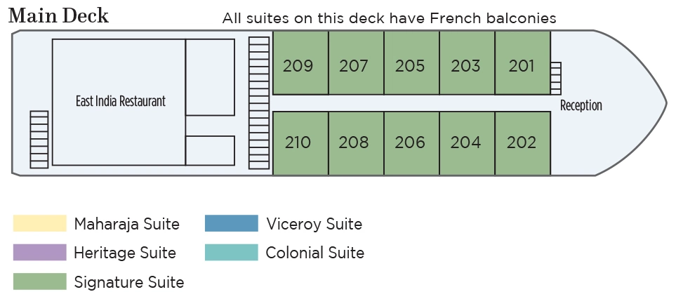 Ganges Voyager II, Deck 1: official cabin and venue layout