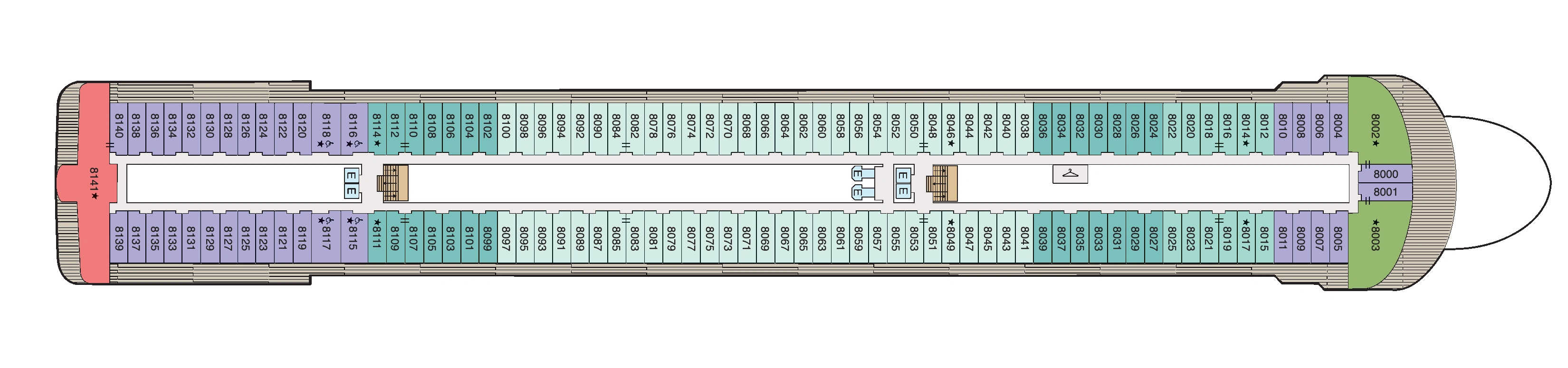 Oceania Allura, Deck 8: official cabin and venue layout