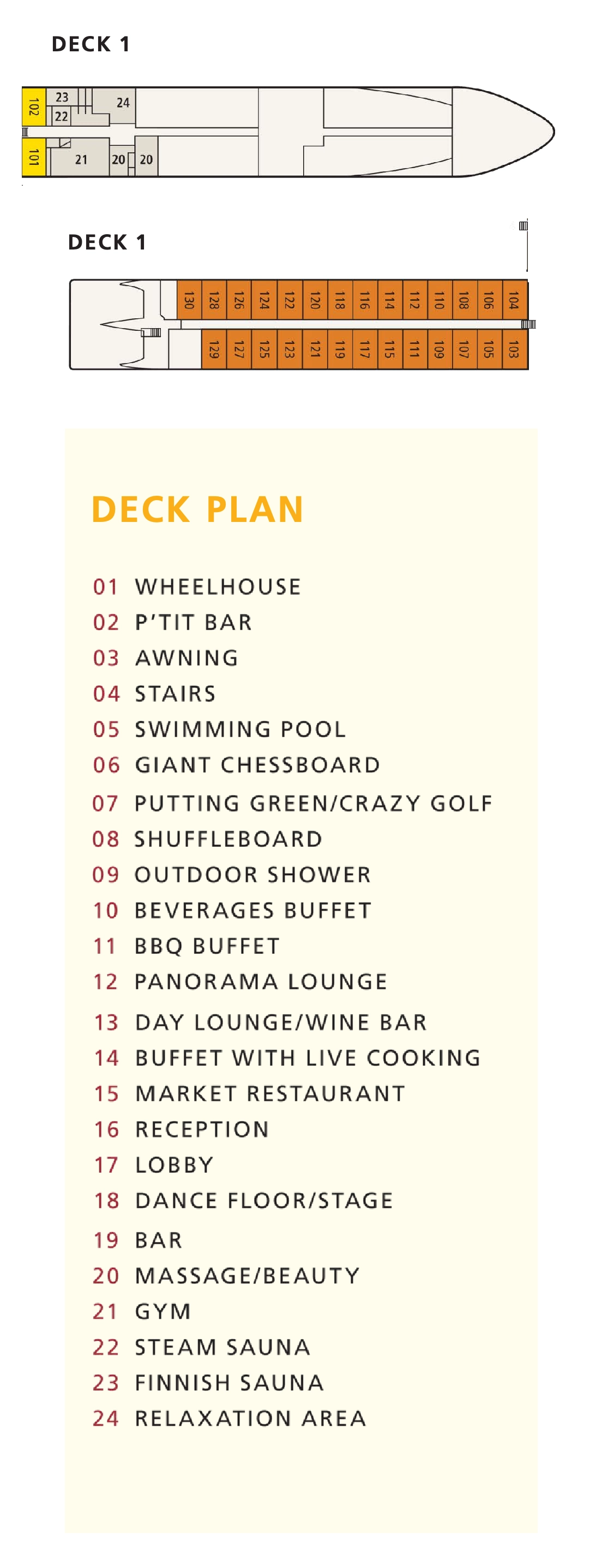 A-ROSA Stella, Deck 1: official cabin and venue layout