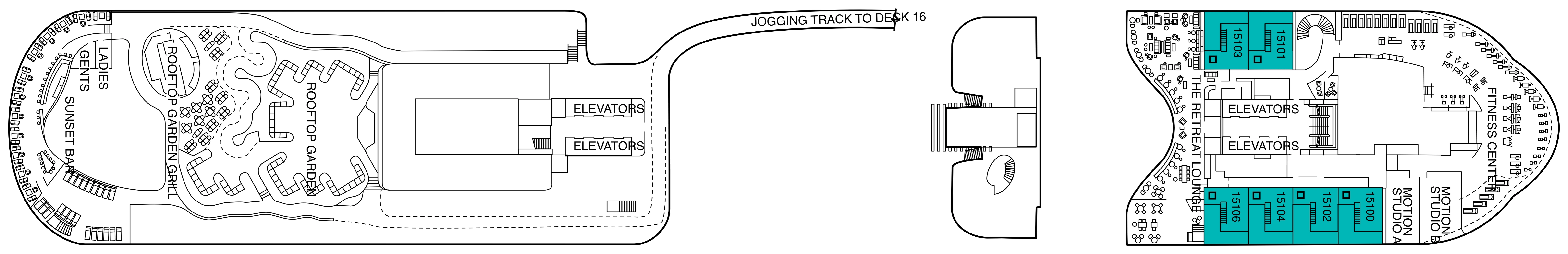 Celebrity Apex, Deck 15: official cabin and venue layout