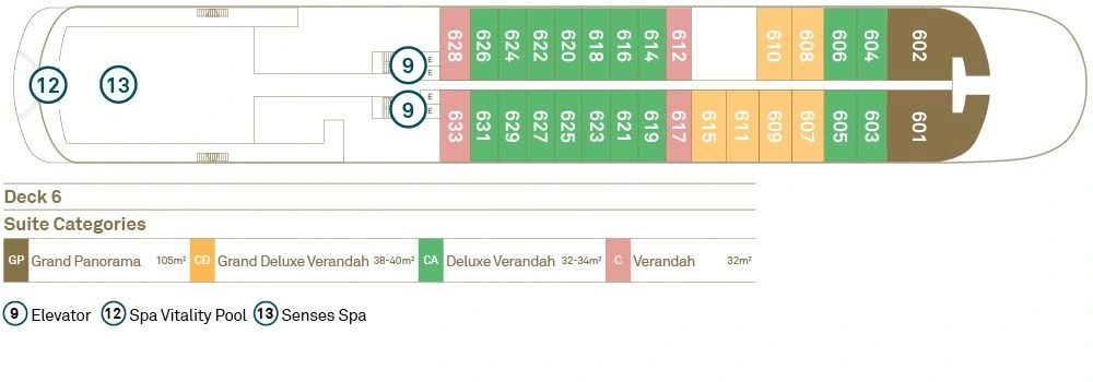Scenic Eclipse, Deck 6: official cabin and venue layout