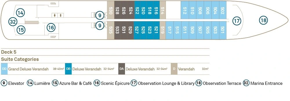 Scenic Eclipse, Deck 5: official cabin and venue layout