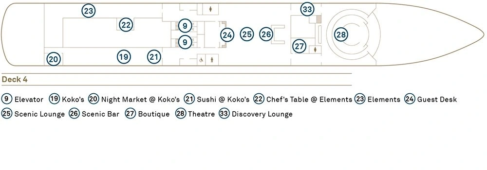 Scenic Eclipse, Deck 4: official cabin and venue layout