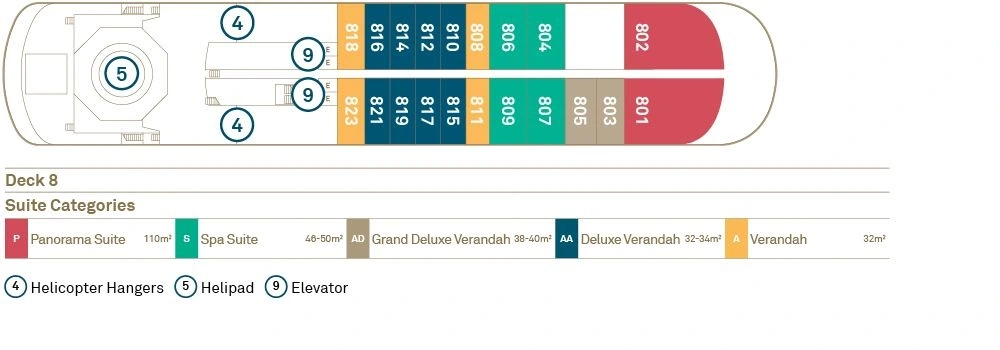 Scenic Eclipse, Deck 8: official cabin and venue layout