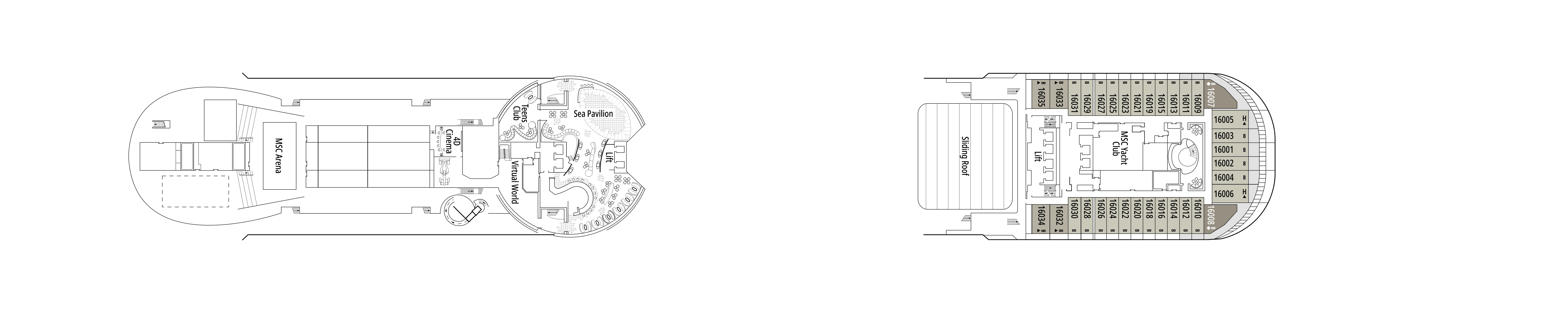 MSC Splendida, Deck 16: official cabin and venue layout