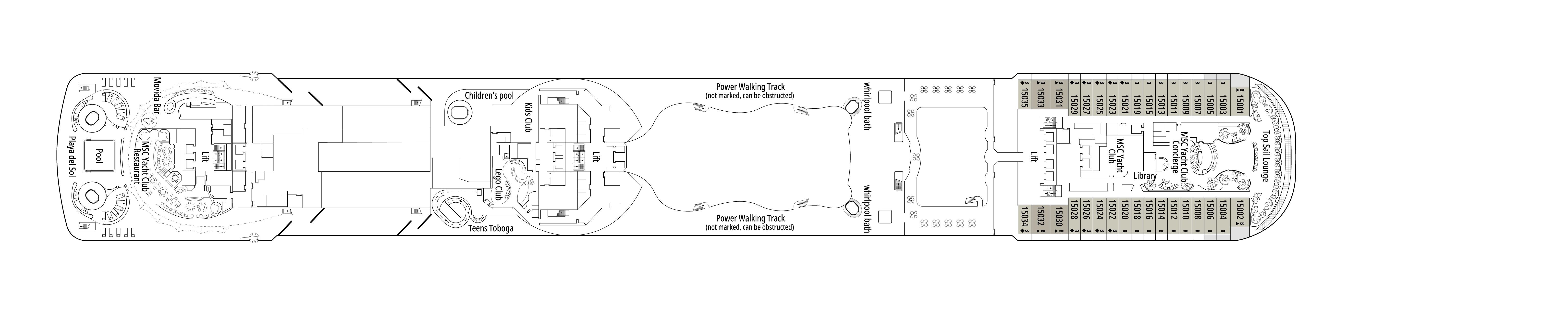 MSC Splendida, Deck 15: official cabin and venue layout