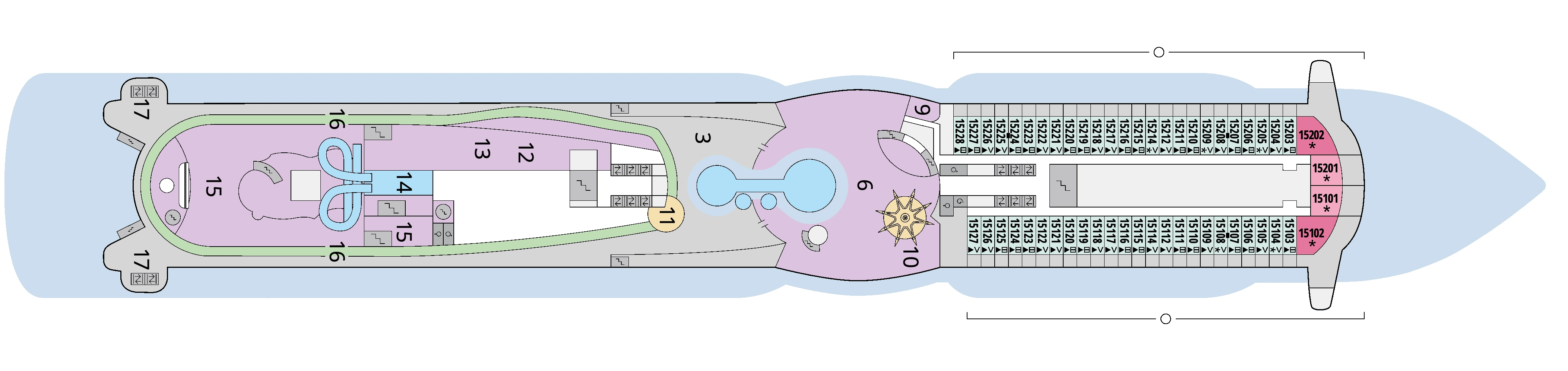 AIDAperla, Deck 15: official cabin and venue layout