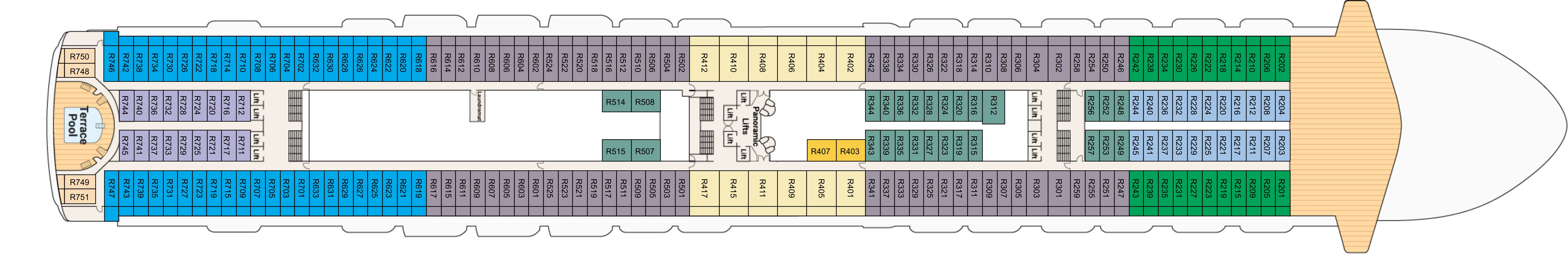 Emerald Princess, Deck 14: official cabin and venue layout