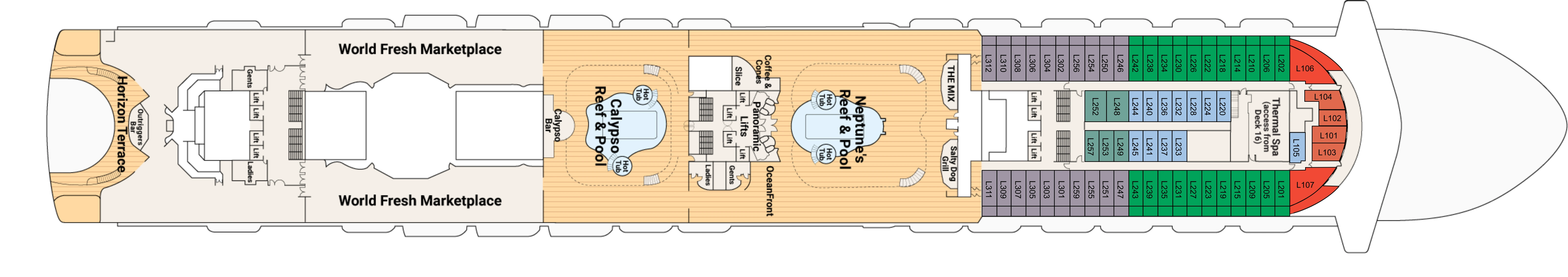 Emerald Princess, Deck 15: official cabin and venue layout