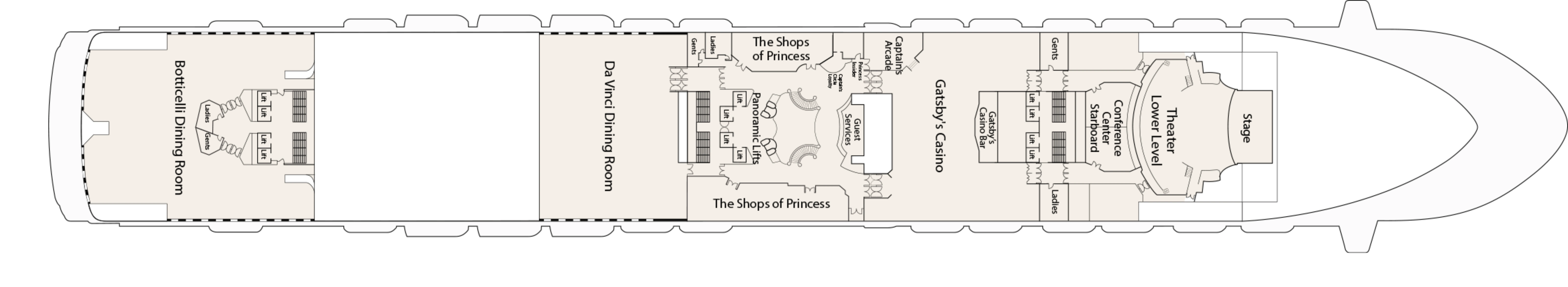 Emerald Princess, Deck 6: official cabin and venue layout
