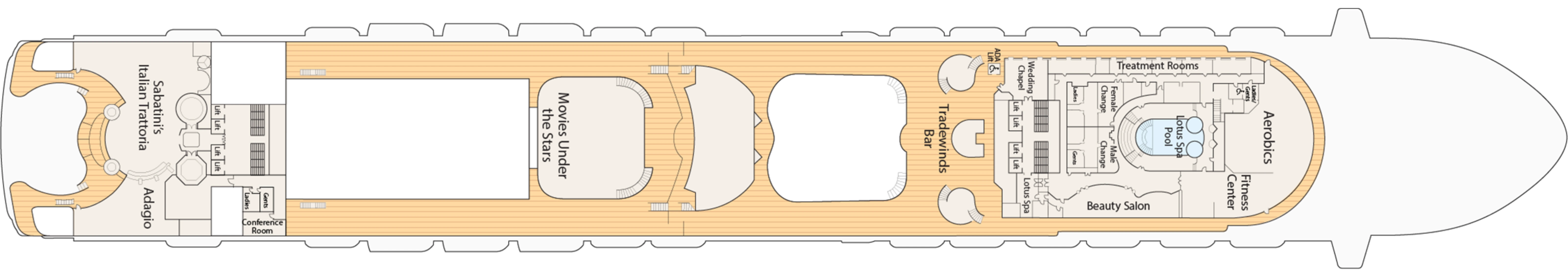 Emerald Princess, Deck 16: official cabin and venue layout