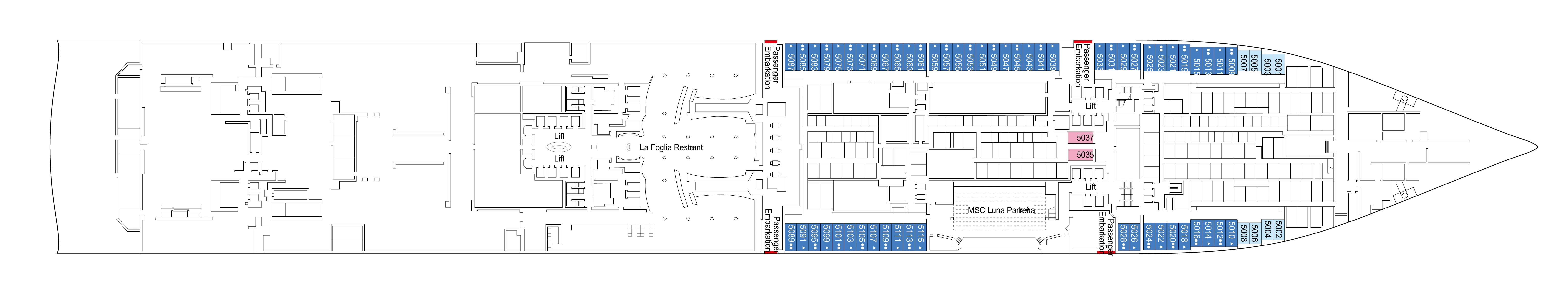 MSC World America, Deck 5: official cabin and venue layout