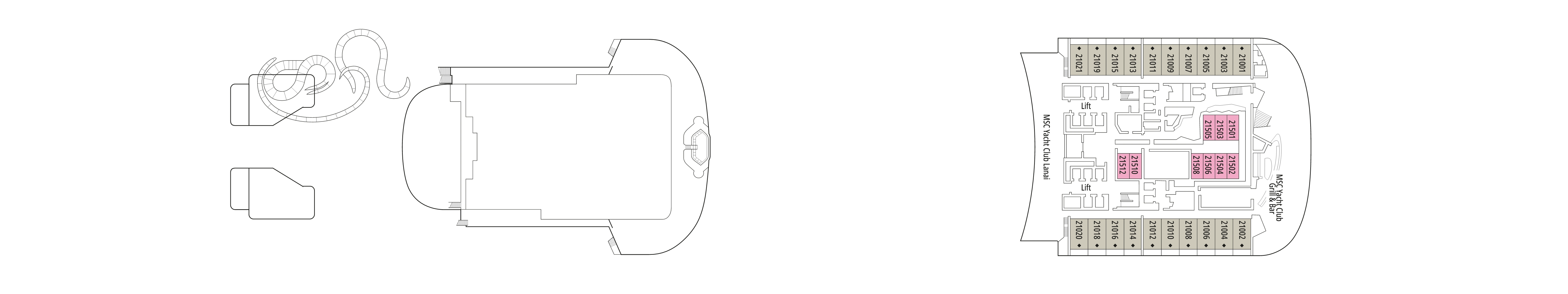 MSC World America, Deck 21: official cabin and venue layout