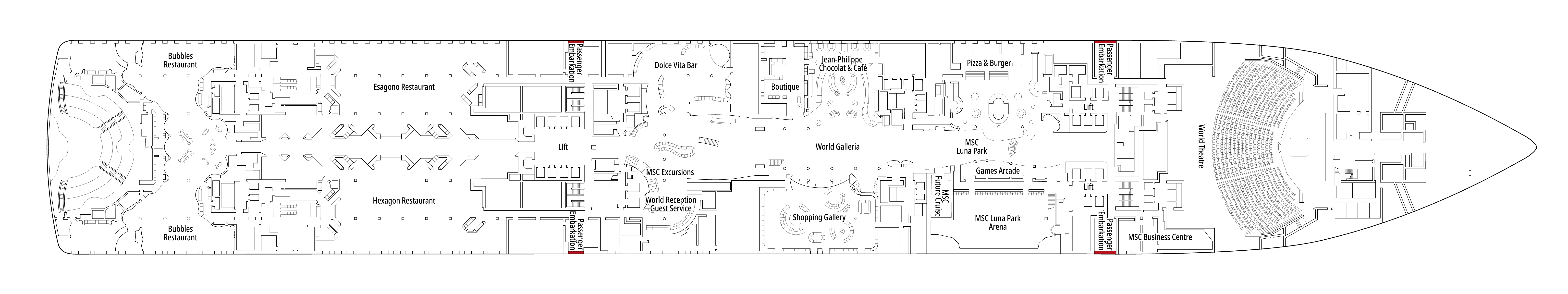 MSC World America, Deck 6: official cabin and venue layout