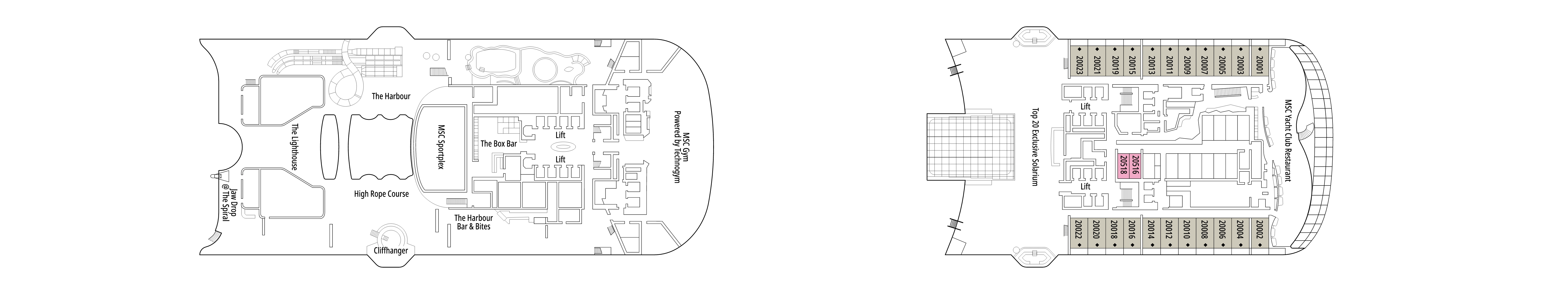MSC World America, Deck 20: official cabin and venue layout