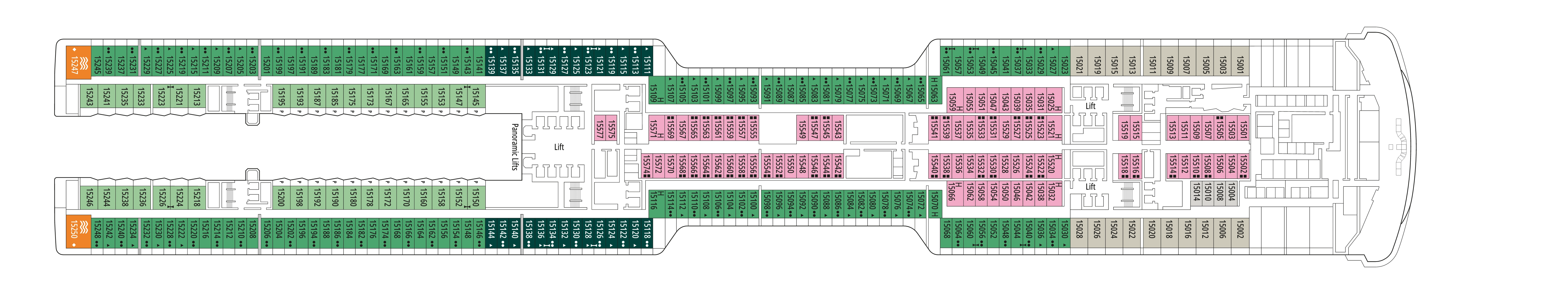 MSC World America, Deck 15: official cabin and venue layout