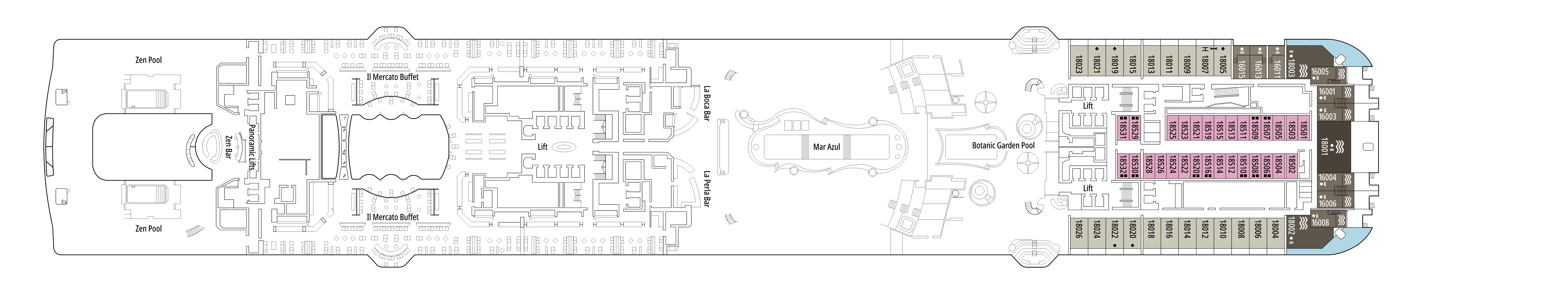 MSC World America, Deck 18: official cabin and venue layout