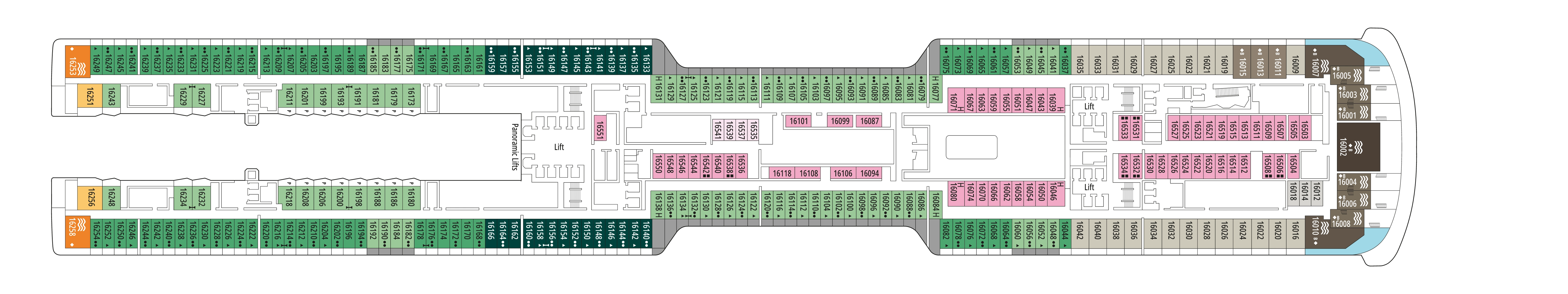 MSC World America, Deck 16: official cabin and venue layout