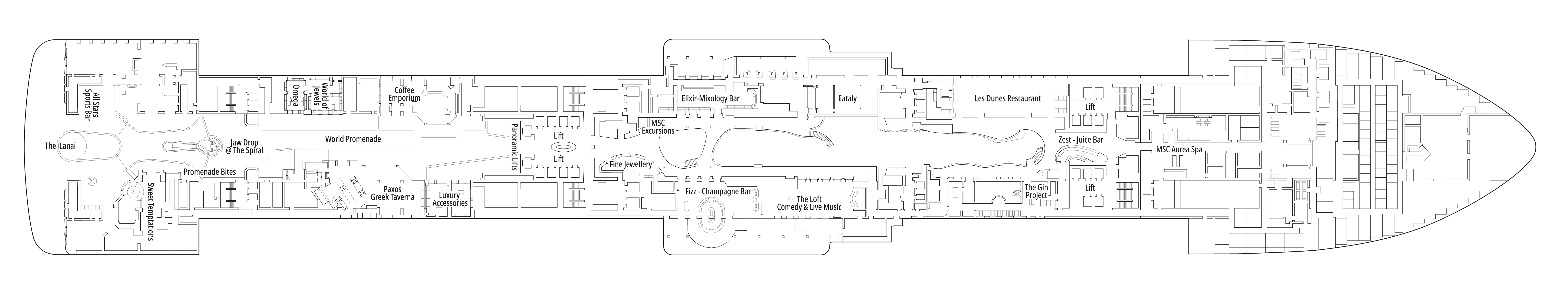 MSC World America, Deck 8: official cabin and venue layout