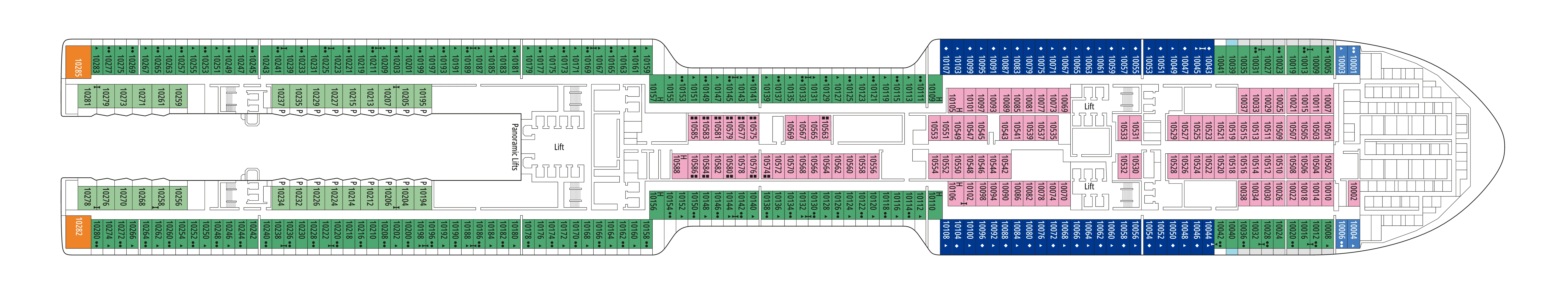 MSC World America, Deck 10: official cabin and venue layout
