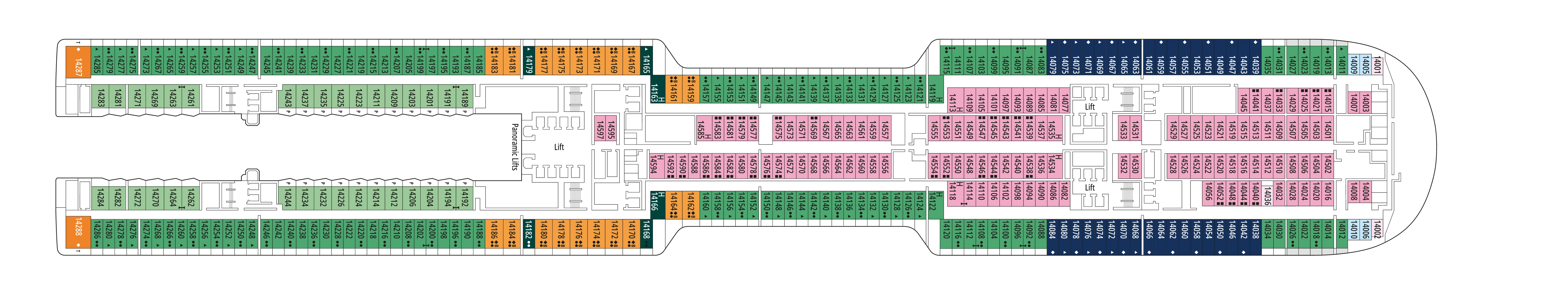 MSC World America, Deck 14: official cabin and venue layout