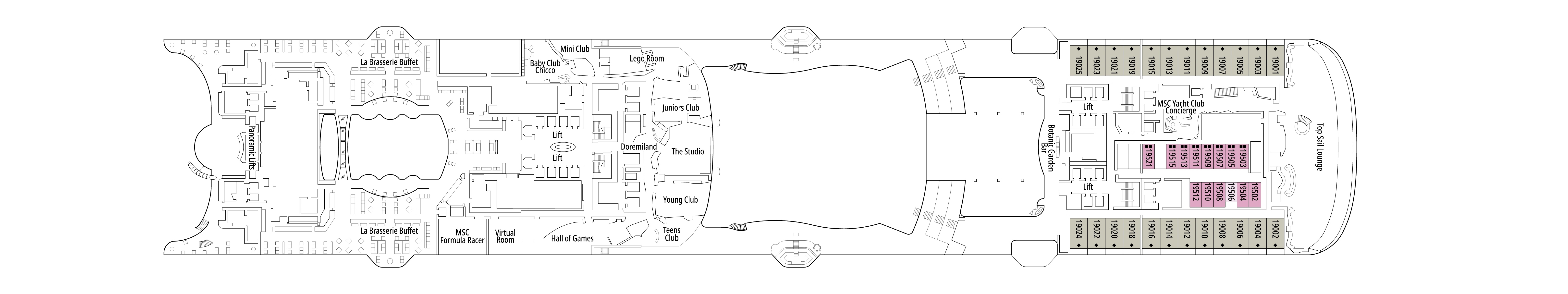 MSC World America, Deck 19: official cabin and venue layout