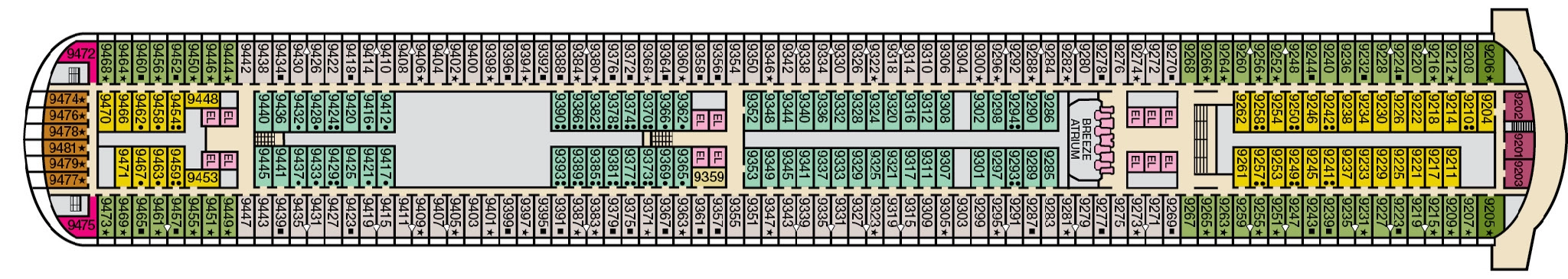 Carnival Breeze, Deck 9: official cabin and venue layout