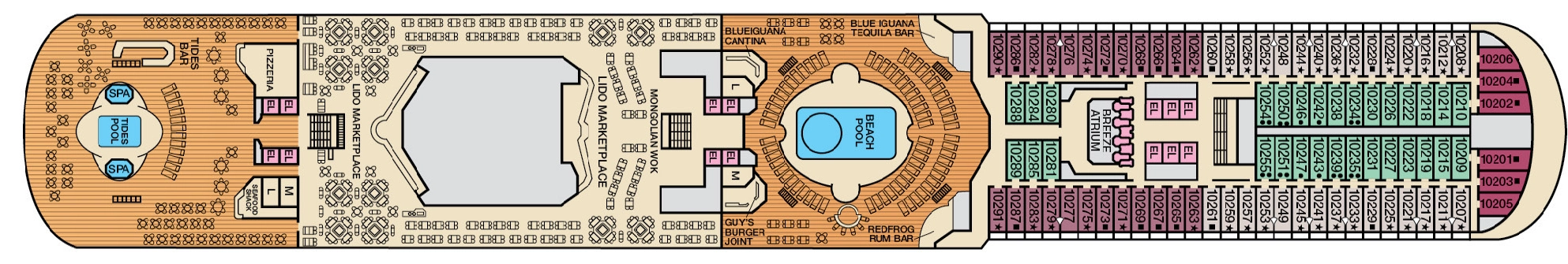 Carnival Breeze, Deck 10: official cabin and venue layout