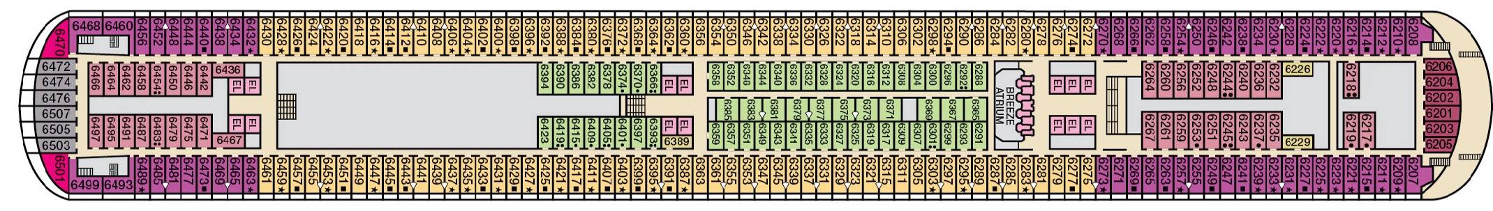 Carnival Breeze, Deck 6: official cabin and venue layout