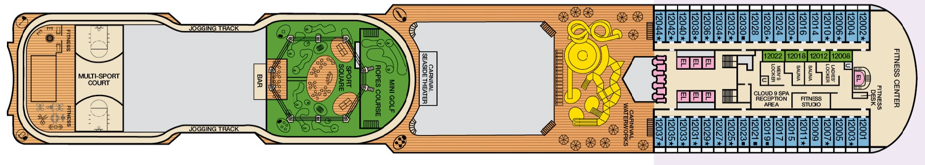 Carnival Breeze, Deck 12: official cabin and venue layout