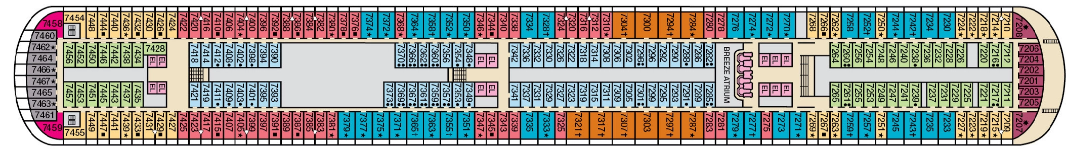 Carnival Breeze, Deck 7: official cabin and venue layout