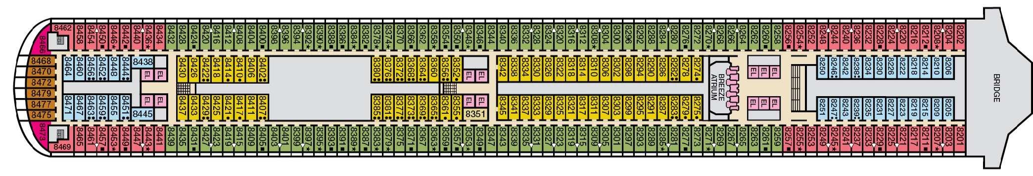 Carnival Breeze, Deck 8: official cabin and venue layout