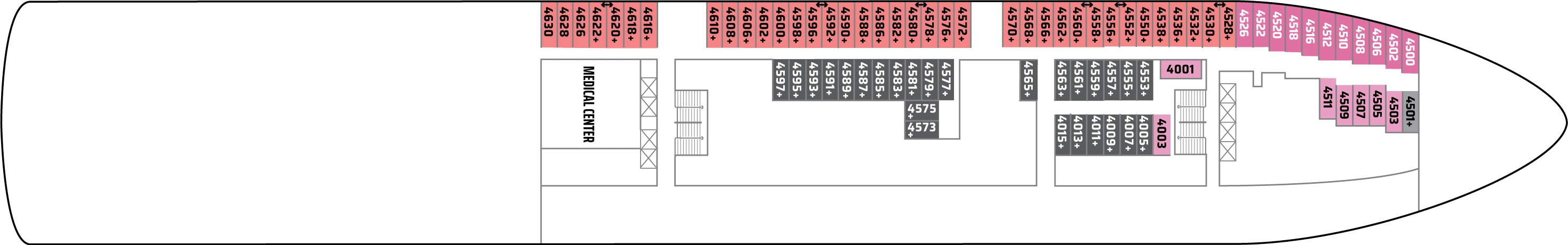 Norwegian Dawn, Deck 4: official cabin and venue layout
