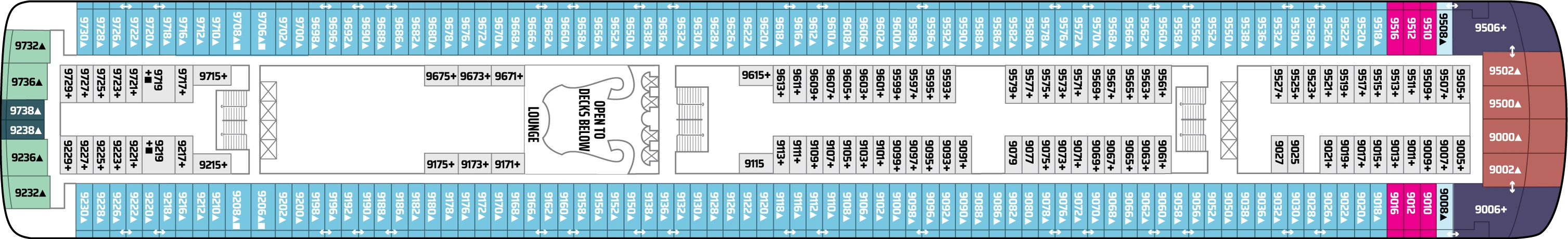 Norwegian Dawn, Deck 9: official cabin and venue layout