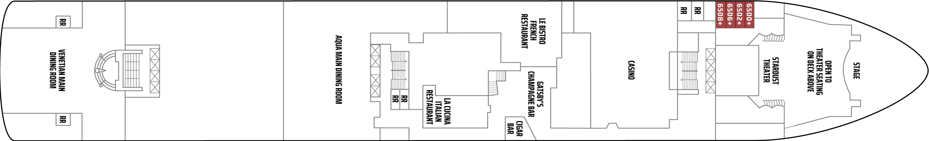 Norwegian Dawn, Deck 6: official cabin and venue layout