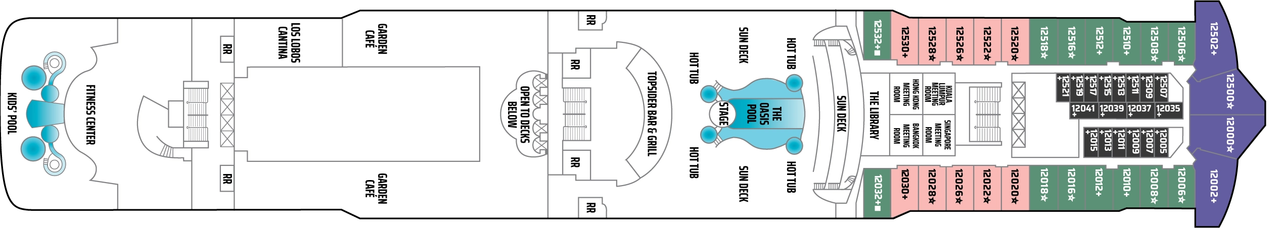 Norwegian Dawn, Deck 12: official cabin and venue layout
