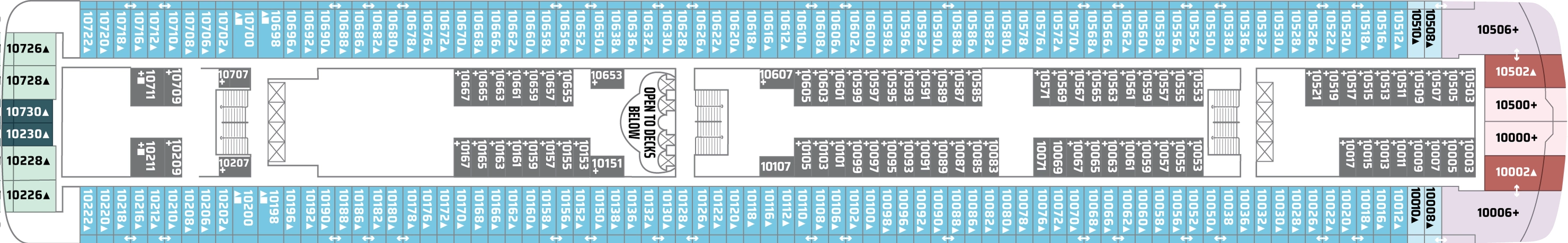 Norwegian Dawn, Deck 10: official cabin and venue layout