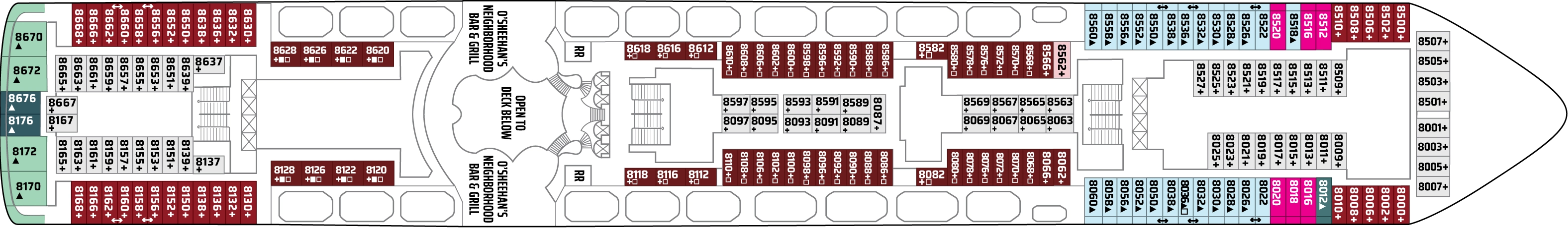 Norwegian Dawn, Deck 8: official cabin and venue layout