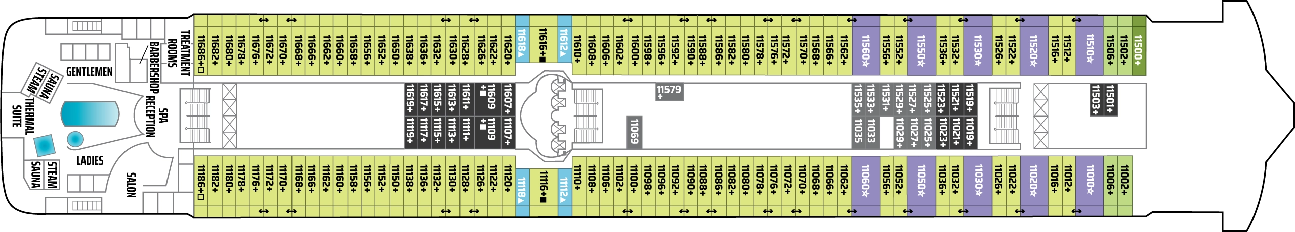 Norwegian Dawn, Deck 11: official cabin and venue layout