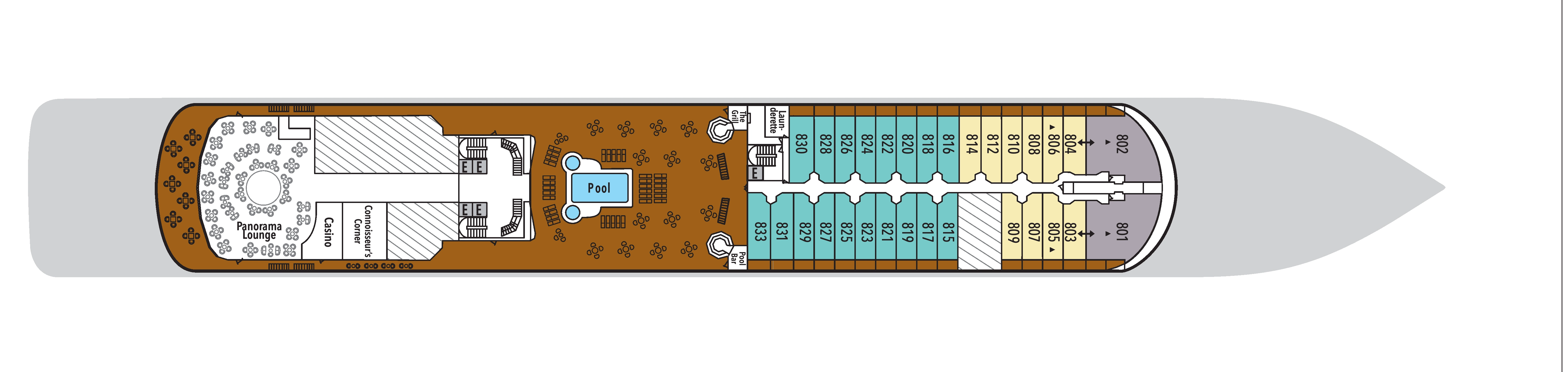 Silver Whisper, Deck 8: official cabin and venue layout