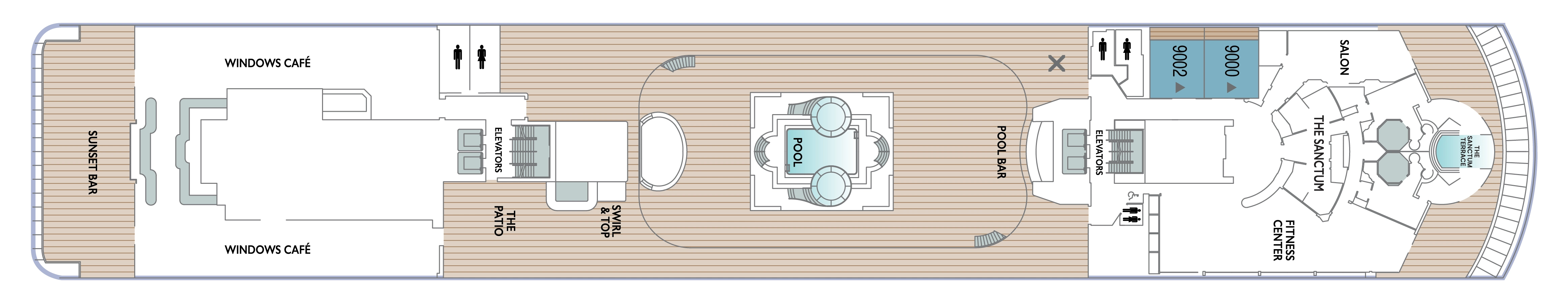 Azamara Quest, Deck 9: official cabin and venue layout